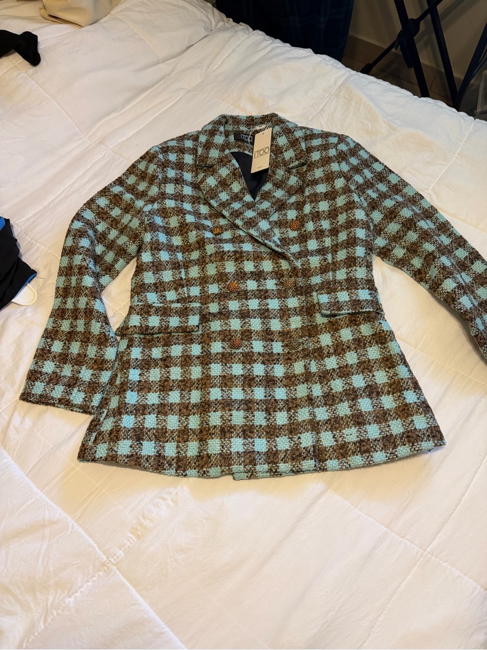 Checked Wool-Blend Double-Breasted Jacket - Blue & Brown